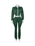 Casual 2 Piece Set Women Tracksuit Patchwork Full Sleeve Zip Elastic Hem Crop Jacket+Flared Pants Sporty Streetwear