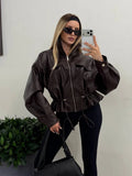 Elastic Drawstring Leather Jacket Zipper Stand Collar Long Sleeved Short Jackets Lady 2026 Autumn Women Chic Street Outerwear