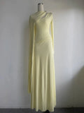 Women'S Metal Buckle Elegant Soft Dress Solid Spliced Folds Long Sleeved Slim Asymmetric Design Long Dress Female New