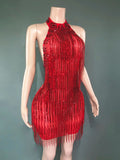 Hosts Party Performance Glam Neck Tight Skirt Fringed Chain Shiny Heavy Industry Dress Vestidos De Noche De Lujo De Fiesta