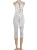 Knot Decoration Playsuit Women Halter Bandage Backless Tassel Folds Deep v-Neck Seeveless Elasticity Sexy Romper