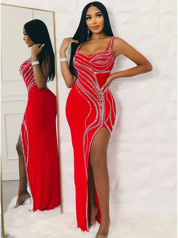 Women Dresses for Special Occasions Sexy Rhinestone Cocktail Floor Length Long Maxi Dress Evening Party Birthday Dresses