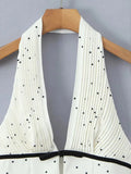 Polka Dot Halter Mini Dress for Women Sleeveless Bow Accent Waist Pleated Bodice Flared Skirt for Fashion Parties