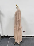 Solid Spliced Mesh Loose Dresses for Women V Neck Long Sleeve High Waist Loose Casual Dress Female New