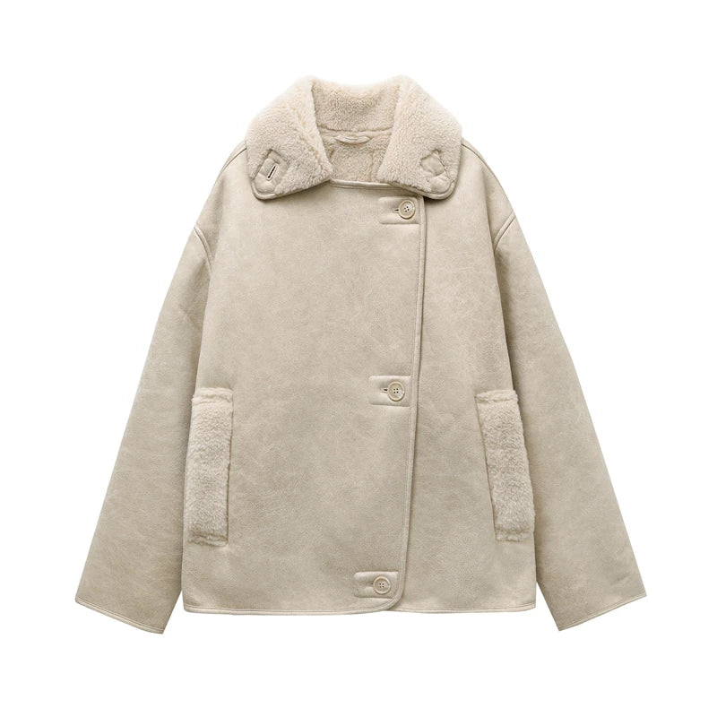 High Quality Winter Women Vintage Long Sleeve Warm Faux Fleece Jacket Coat Female Casual Solid Pocket Outwear Tops