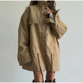 Retro Drew-string Jackets Women's Loose Full Sleeves Buttons Zipper Pockets Lapel Coats 2026 New Ladies Autumn Solid Outwear