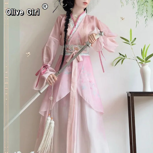 Olive Girl Pink Embroidered Hanfu Dress for Ren Faire 2026 Garden Wedding Fairycore Photoshoot Everyday Wear S-L XS-3XL Plus Size Hand Embroidered Flowing Sleeve Dramatic Silhouette Romantic Cottagecore Editorial Not Costume Chinese Heritage Fashion Women