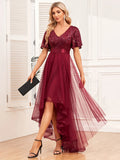 Women Elegant V-neck Ruffle Short Sleeve Evening Dress A-Line Fluffy Gauze Irregular Party Dress Formal High-Low Vestidos