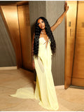 Sexy Yellow Chiffon Halter Maxi Dress Lady Chic Hollow Out Backless Lace Up Sleeveless See Through Robe Female Spring Party Wear