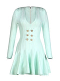 2026 New Spring Fashion Mint Color Women Lion Button Sexy V-neck A-Line Mini Rayon Bandage Dress Fashion Elegant Party Dresses