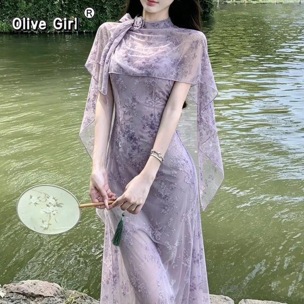 Olive Girl Purple Dramatic Qipao for Garden Wedding 2026 Fairycore Photoshoot S-L XS-3XL Plus Size Dramatic Silhouette Romantic Garden Party Editorial Not Costume Qipao Cheongsam Chinese Dress Chinese Heritage Fashion Women