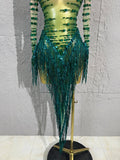 Sexy Green Rhinestone Mesh skirt HighNeck Long Sleeve Sheer Tassel Outfit Women Cocktail  Costume Stage Performance Show Party