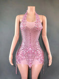 Sparkly Rhinestones Evening Prom Celebrate Birthday Dress Sexy Halter Backless Mesh Velvet Short Dress Performance Stage Wear