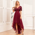 Women Elegant V-neck Ruffle Short Sleeve Evening Dress A-Line Fluffy Gauze Irregular Party Dress Formal High-Low Vestidos