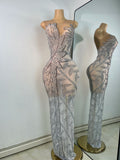 Sparkly Rhinestones Sleeveless Silver Long Dress For Women Sexy Mesh Transparent Evening Prom Birthday Gown Photo Shoot Wear
