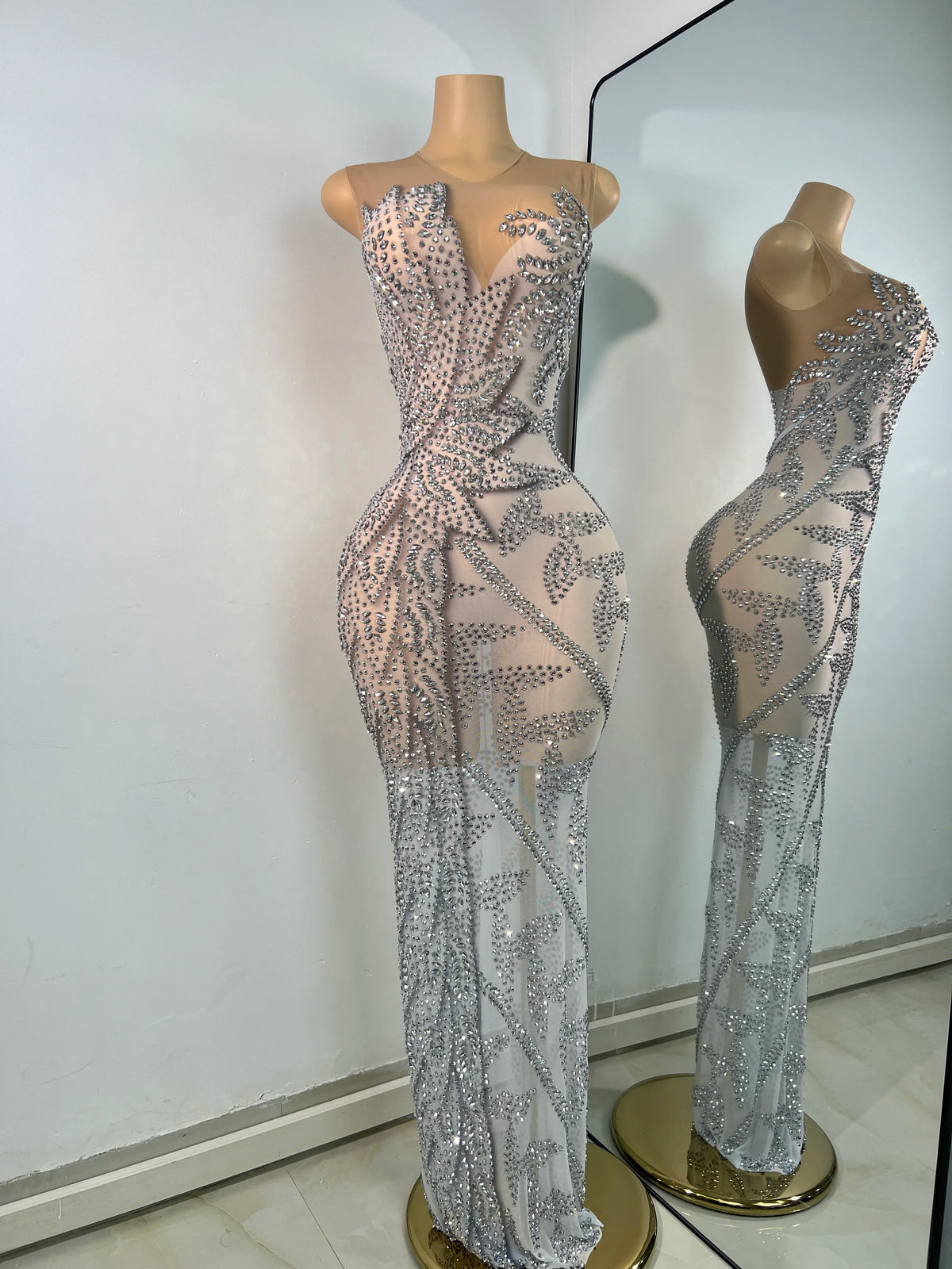 Sparkly Rhinestones Sleeveless Silver Long Dress For Women Sexy Mesh Transparent Evening Prom Birthday Gown Photo Shoot Wear