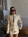 Women Light Beige Faux Croc Two‑piece Suit Set Matching Skirt Co‑ord Chic Leather Texture Office Business Autumn Street Outfits
