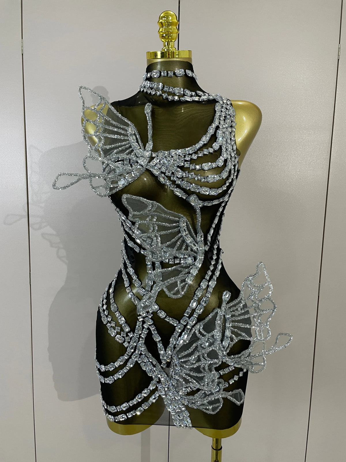 Sparkly Silver Diamonds 3D Butterfly Mesh See Through Mini Dress Women Eveing Party Birthday Bar Nightclub Sexy Stage Costumes