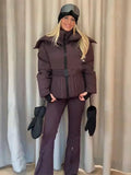 Ski Parkas Coat Jacket Women Zipper Belts Thicken 2025 Winter Skiing Cotton Lapel Snow Female Skiwear Outdoor Street Outwear Top