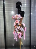 3D Florals Women Sexy Strapless Mesh High Stretch Kaced-up Bodycon Midi Dress Bar Singer TV Performance Costumes Stage Wear
