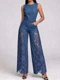 SHENGPALAE Women Sleeveless Round Neck Jumpsuit Lace Hollow Out Spliced Wide Leg Denim Elegant One Piece Outfit Autumn 2026 New