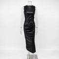 Sleeveless Leather Maxi Dress For Women Tight Pleated Sexy Hip-Hugging Dress Vestido Solid High Waist Party Female Dress