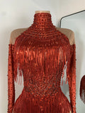 Red Rhinestones Skinny Bodysuit Women Sexy Long Sleeve Tassel Performance Singer Dance Costume Nightclub Celebrate Stage Wear