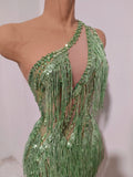 Women One Shoulder Sexy See-Through Sparkly Rhinestones Tassel Green Dress Latin Dance Outfits Bar Nightclub Party Stage Costume