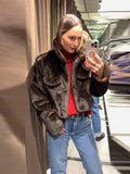 Women's Brown Faux Fur Cropped Jacket Fashion Stand Collar Single Breasted Pocket Casual Coat Lady 2026 Spring Chic Outerwear