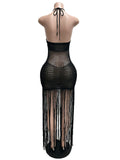 Sexy Cutout Crochet Beach Dress 2026 Summer Women One Shoulder Backless Knitted Sequined Fringe Tassel Midi Dress Clubwear