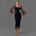Women's Black Sheer Mesh Trumpet Sleeve Square Neck Waist-Cinching Dress Elegant Evening Performance Gown Vestidos De Bienvenida
