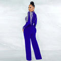 Women's Sheer Diamonds Tassel Jumpsuit See-through High Collar Hot Diamond Shoulder Padded Long Sleeved Party Jumpsuit