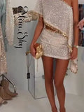 Silver Sequin Two Piece Outfit One Shoulder Coin Trim Cape Top High Waist Skirt 2026 Summer New Beach Party Nightclub Dating Set