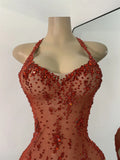 Sparkly Gold Design Evening Party Dress Luxury Rhinestones See Through Sexy Women's Clothing Mesh Stretch Birthday Dresses