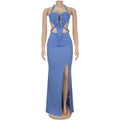 New Women's Hemp Rope Maxi Dress Sexy Criss Cross Cut-Out Halter Neck Backless High Slit Party Dresses Birthday Outfits