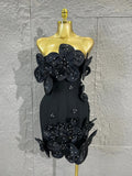 Strapless 3D Handmade Flower RhinestoneBandage Mini Dress Women Sky CorsetBodycon Short Cocktail Party Evening Dress