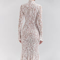 Elegant White Lace Midi Dress Women's Turtleneck Long Sleeve Ruched Bodycon Dresses Evening Party Cocktail Female Winter Autumn