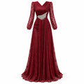 Fashion V Neck Lace Long Puff Sleeve Floor Length Dress for Women Ruched Waist Rhinestone Decoration for Banquet Gala Event