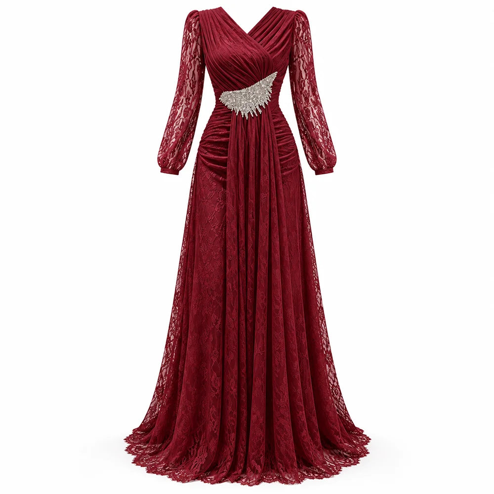 Fashion V Neck Lace Long Puff Sleeve Floor Length Dress for Women Ruched Waist Rhinestone Decoration for Banquet Gala Event