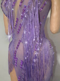 Sexy Sparkly Purple Diamond Tassel Strapless Mesh See Through Long Dress Birthday Evening Party Nightclub Bar DJ Show Stage Wear