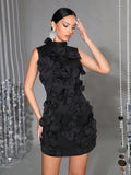 Spliced Appliques Elegant Dresses For Women Stand Collar Sleeveless High Waist Patchwork Zipper Mini Dress Female