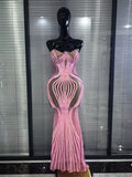 Luxury Pink Sparkly Squined Mermaid Dress Strapless Mesh See Transparent Birthday Party Outfit Celebrate Show Designer Vestidos