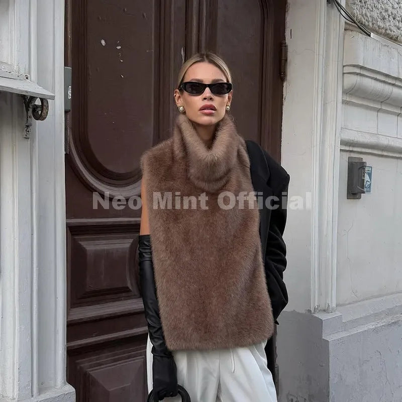 Fashion Faux Fur Sable Vest Crop Top Autumn Winter Turtleneck Eco Mink Fur Tank Tops Sleeveless Jacket Coat