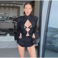 Fashion Crochet Blazer Shorts Set Women Slim Black Hollow Out Stand Collar Jacket Short Pantskirt 2026 Spring Lady Outfits New