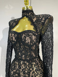 Sexy Black Lace High Neck Hollow Out Design Bodycon Mini Dress Women Long Sleeve Evening Party Club Bar Cocktail Celebrity Gowns