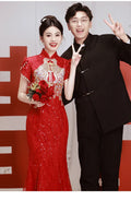 New Chinese Style Dresses Elegant Mermaid Cheongsams Embroider Phoenix Mesh Sequins Qipao Bridal Wedding Dress Luxury Vestidos