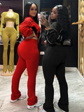 Casual 2 Piece Set Women Tracksuit Patchwork Full Sleeve Zip Elastic Hem Crop Jacket+Flared Pants Sporty Streetwear