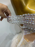 Women Sparkly Rhinestone Tassel Off The Shoulder Mesh See Through Long Dress Sexy Eveing Party Birthday Nightclub Stage Costume