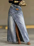 Women Baggy Denim Skirt High Waist Irregular Slit A Line Maxi Casual Fashion Personality Summer 05E03085
