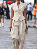 Office Spliced Folds Two Piece Set for Women Lapel Sleeveless Top High Waist Wide Pant Minimalist Suit Female New